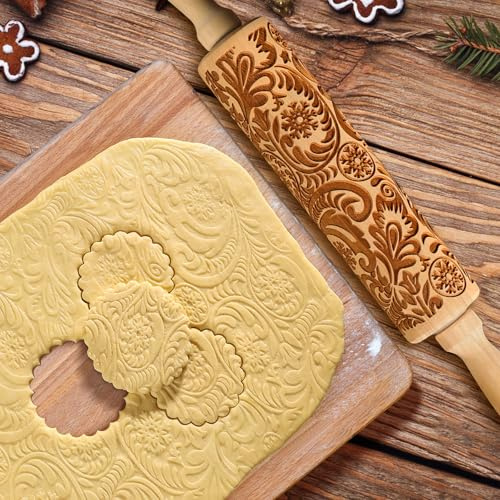 Weihnachtliches Nudelholz mit, 3D-Prägung Teigroller aus Holz mit gravierten Motiven – Ideal für Kekse, Fondant, Gebäck & Plätzchen Weihnachten Geschenkidee (43cm)