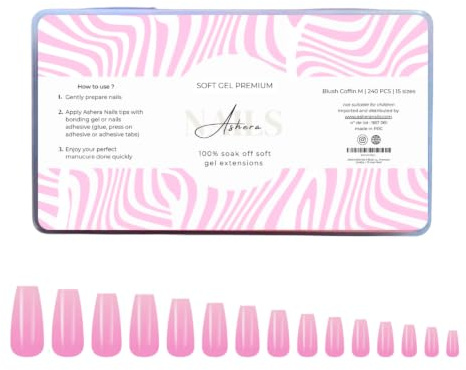 Ashera Nails Capsules Soft Gel Premium Coffin Ballerine Blush Medium | 240 Capsules, 15 Tailles - Pose Américaine Semi-Transparente - Faux Ongles Nude Rose Effet Salon