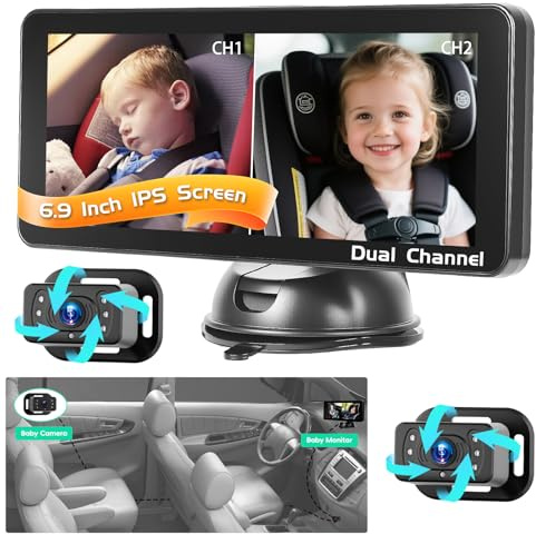 Inefala Videocamera per Bambini con 2 Cameras, Monitor per Specchietto Auto HD da 6,9 Pollici, Funzione di Visione Notturna, Telecamera per Auto con 6.9 Pollici Schermo
