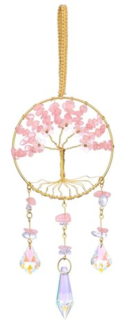 CrystalTears Rose Quartz Crystal Tree of Life Suncatcher Hanging for Decor | Pink Crystal Sun Catcher for Window Wall Garden Decoration, Spiritual Gifts for Women Mum Friends Birthday Christmas
