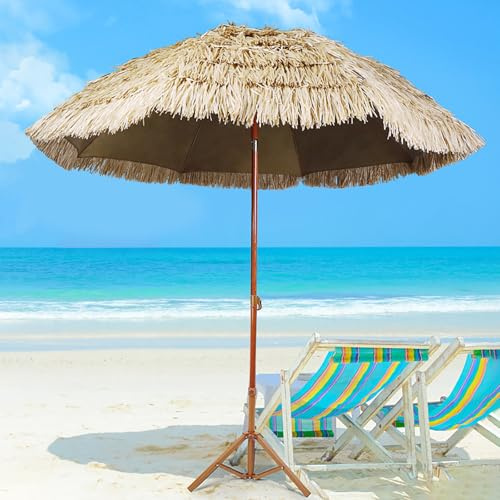 XHDZSM Cantilever Patio Umbrella with Base - 8FT UV-Resistant Outdoor Umbrella, Adjustable Tilt Beach & Pool Umbrella for Garden/Bar/Balcony, Heavy-Duty Waterproof Thatch Design Patio Furniture