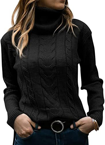 Cicy Bell Womens' Turtleneck Long Sleeve Pullover Cable Knit Sweaters Soft Jumper,Black,M