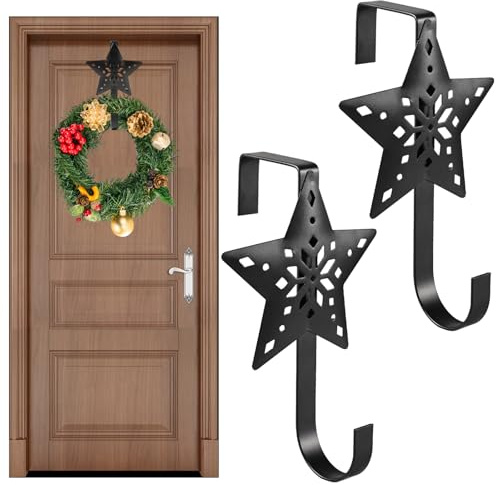 Joycabin 2 Pack Christmas Wreath Hanger, Star Metal Wreath Hanger for Front Door Wreath Hook, Door Wreath Hook for Christmas Home Office Wall Wedding Wreaths or Decorations