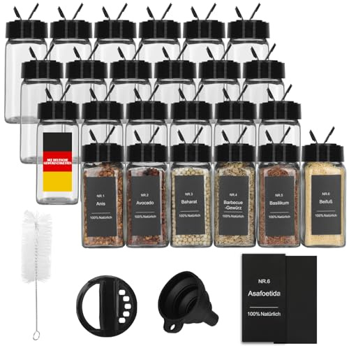 Withosent 24er Gewürzgläser Doppelkopf Schwarz Deckel, 120ml Gewürzdosen Glas Gewürzstreuer mit 144 Deutsch Etiketten, 2 Trichter, Bürste, Gewürzbehälter Gewürze Organizer Aufbewahrung
