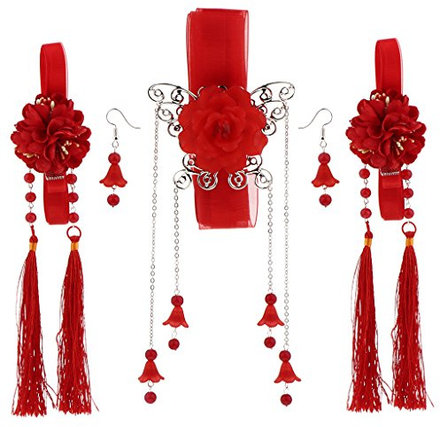 1 ensemble de boucles d'oreilles pendantes chinoises antiques avec pince à cheveux, pompon, ruban, fleur, rouge