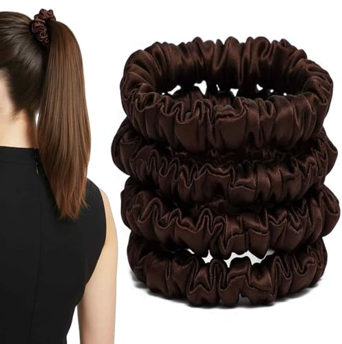 Haargummi Damen, 4er-Set Satin Scrunchies Haargummi Seide – Dunkelbraune Seiden Scrunchie für Tägliche Haarpflege und Nachtgebrauch, Ideal für Alle Haartypen