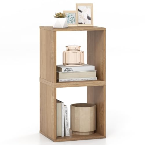 FANTASK 2er Regalwürfel, stapelbarer Bücherregal mit 2 Ebenen & Kippschutz, Cuberegal, Aufbewahrungswürfel für Wohnzimmer Schlafzimmer Büro (Natur)