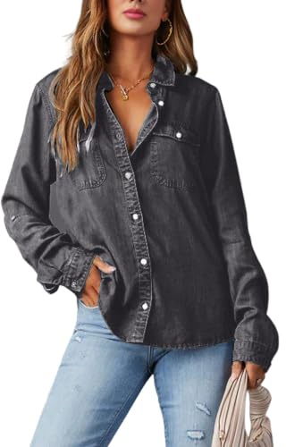 YRREATY Damskjortor med Knappar och Tryck, Casual, Långärmad, V-Ringad, Chambray-Blus Svart L