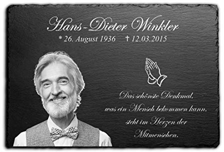Schiefer Grabplatte mit Gravur - Grabstein wetterfest imprägniert für Urnengrab - Gedenktafel mit Foto & riesen Motiv Auswahl Mensch - Grabdeko Gedenkstein Grab - Größe: 30x20 cm - Beerdigung Geschenk
