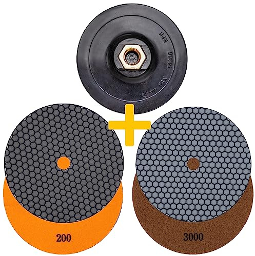 Profi Diamant-Schleifpad-Set für Trockenschliff 125 mm Körnung 200 3000 Klett-Aufnahmeteller für Naturstein Granit Feinsteinzeug Fliesen Keramik Kunststein Glas Marmor