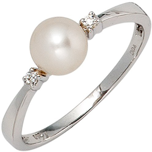 Jobo Damen-Ring aus 14 Karat 585 Weißgold mit Perle und 2 Diamanten