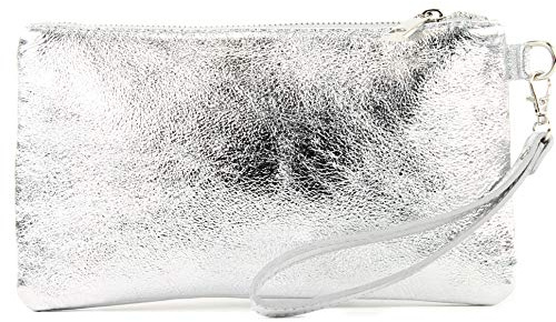 modamoda de T193 Damen Leder Clutch Handgelenktasche Kosmetiktasche Klein handmade in Italy, Farbe:Silber