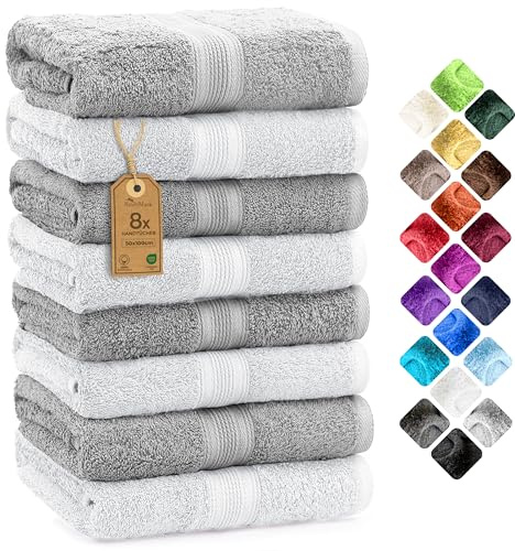 NatureMark 8 Handtücher Set - 100% Baumwolle - Saugfähige und langlebige Handtücher, Größe 50×100 cm, Weiss/Silber