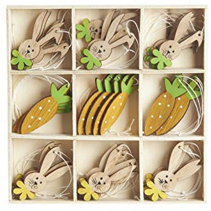 HEITMANN DECO Osteranhänger aus Holz - Hasen und Karotten - Osterdeko, Frühlingsdeko - 36-teilig - Orange, Natur, Grün, Gelb, 17 x 17 x 2 Millimeter