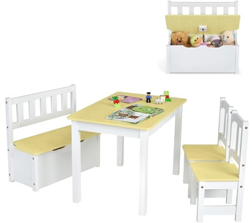 Costzon 2 in 1 Kids Table and Chair Set, Wood Activity Table with Toy Storage Bench & 2 Chairs for Children Reading, Arts, Crafts, Snack Time, Homework, Playroom, Toddler Table and Chairs (Natural)