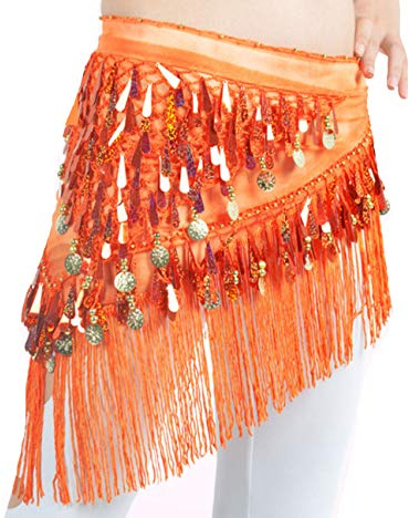 Lauthen.S Belly Dance Hip Scarf with Tassels Sequins, Triangle Coins Wrap Skirt Music Festival Clothing Orange