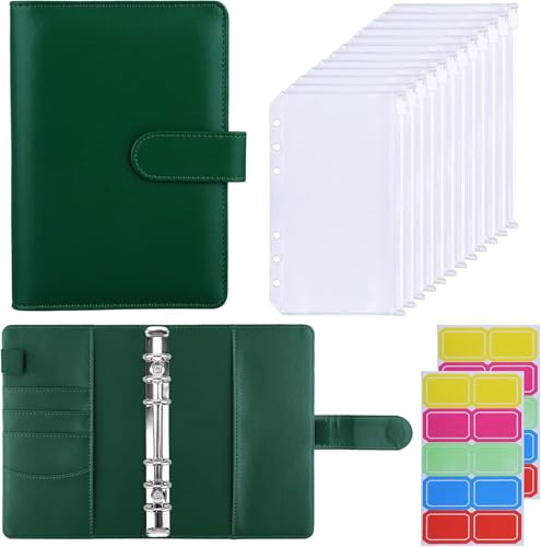 HAUTOCO Budget Planner Deutsch, A6 Budget Binder, Budgetplaner, Ringbuch A6 mit 12 Binder Taschen, Finanzplaner mit Etiketten, Sparbuch für Geld, für Reisen Tagebuch, Dunkelgrün