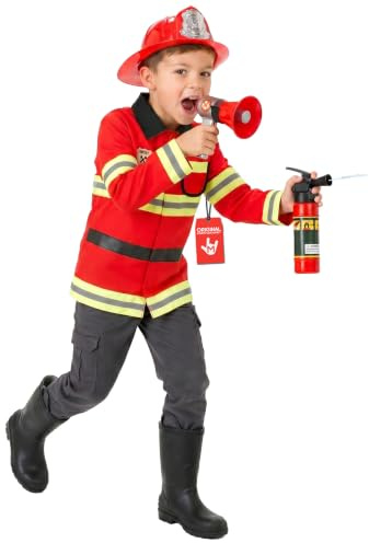 Morph Feuerwehrmann Kostüm Kinder, Halloween Kostüm Kinder | Feuerwehrjacke, Helm, Megafon & Wasserspritzer, Reflektierende Streifen, Perfekt für Halloween, Ideal für Rollenspiele