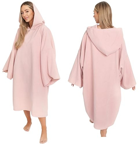 Brentfords Dry Robes Adult Womens, Towel Poncho Adult Hooded Large Swimming Surf Beach Accessories Absorbent Quick Dry Changing Robe Microfibre Towelling Bath Robes for Women, Blush Pink One Size