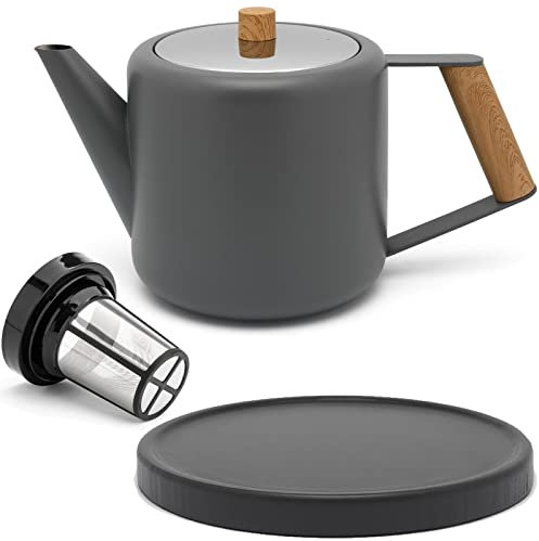 Bredemeijer Teekanne Set 1.1 Liter - Edelstahl doppelwandig Grau - Großer moderner Teebereiter mit Tee-Filter-Sieb-Aufsatz für losen Tee - inkl. Holz-Untersetzer schwarz