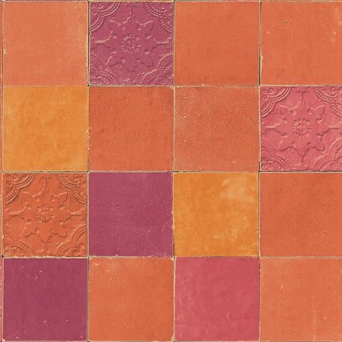Profhome Papier Peint Effet Carreaux de Ciment - Style Marocain et Oriental - Orange et Rouge - Tapisserie Murale Intissée pour Cuisine et Salle de Bain - 0,53 x 10,05 m - 374065-GU