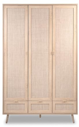 Armoire 3 Portes 3 Tiroirs et 2 Penderies L120 cm - Impression Rotin - BALI