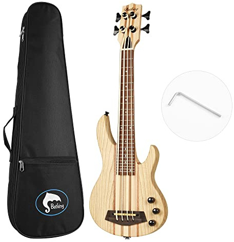 Batking Elektrischer Uku-Bass mit 4 Saiten, Uku-Bass mit Bündel, durch den Hals, mit Gigbag (natürliche Farbe)