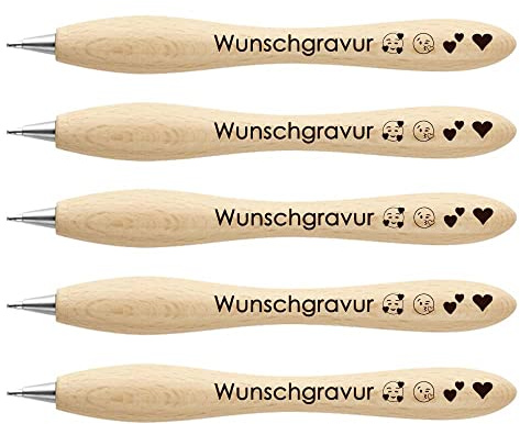 Juwelier Schönschmied 5x Kugelschreiber aus Holz mit Gravur | Emoji Gravur möglich | schwarzschreibende Miene | Laser Gravur Made in Germany | Werbekugelschreiber personalisiert (5)