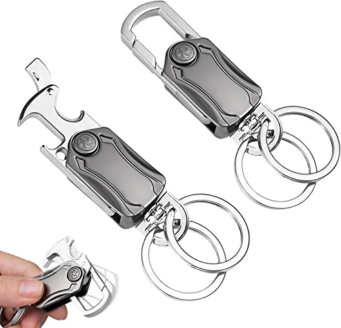 xianzhanEU 2 en 1 llavero multifunción, de metal, 2 piezas | Llavero de coche con función abrebotellas para llaves y abrebotellas (gris/plata)