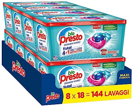Bio Presto Power Caps - Detergente para lavadora predosificado en cápsulas, elimina la suciedad y las bacterias, paquete de 144 lavados