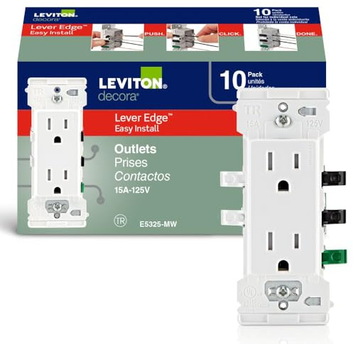 Leviton Lever Edge 15 Amp Tamper-Resistant Duplex Wall Outlet, 10-Pack, E5325-MW, White