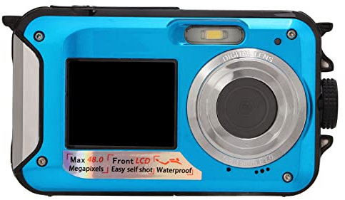 UPQRSG Cámara Subacuática, Cámara Digital Full HD 2,7 K 48MP, Cámara Digital Subacuática a Prueba de Agua de 10 Pies, Pantalla Doble Delantera Trasera con Zoom Digital 16X(Blue)
