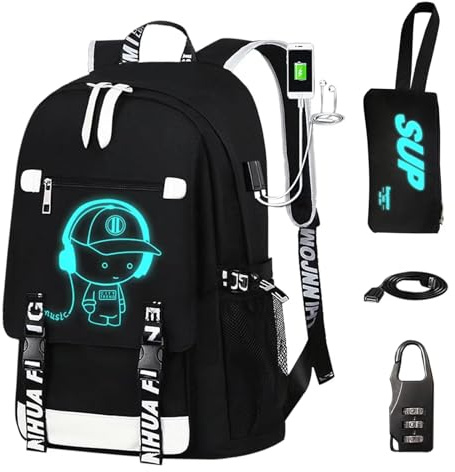 ASXMA Luminous Pattern Travel Laptop Backpack - Adjustable Shoulder Strap Waterproof Black Backpack With Usb Charging Port & Headphone Port School Backpack Includes Pencil Bag,combination Lock