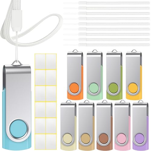 Uflatek USB Sticks 1GB Speicherstick 10 Stück USB 2.0 Memory Stick Morandi-Mischfarbe Flash Drive Rotate USB-Flash-Laufwerk Bunt Thumb Drive Externer Datenstick mit Leerer Aufkleber Lanyard