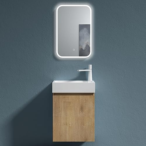 doporro Badmöbel Set Unterschrank 46 cm Kerneiche Waschbecken LED-Spiegel | Wandhängendes Badmöbel-Set mit Mineralguss-Waschbecken, LED-Spiegel – platzsparend & pflegeleicht für Gäste-WC Pisa 02
