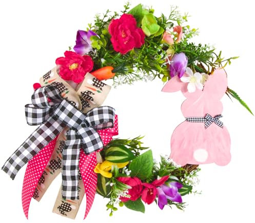 Osterkranz zum Aufhängen Ostern Türkranz Dekorativer Tischkranz mit Blumen Osterhasen Schleife für Ostern Haustür Zaun Fenster Homedeko