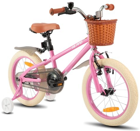 HILAND 14 Zoll Kinderfahrrad für Mädchen Jungen 3 4 5 6 Jahre mit Stützräder, Handbremse und Rücktrittbremse Korb Rosa