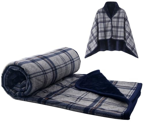 SIVENKE Damen Poncho Fleece Tragbare Decke, Karierte Schoßdecke Bequemer Poncho Plüschdecken Überwurf Schal Wickelbezug Umhang mit Knöpfen für Bett Sofa Büro