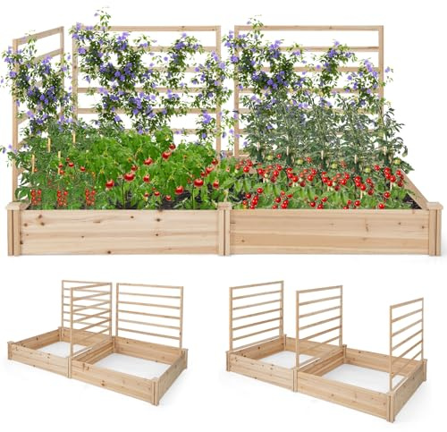 COSTWAY Letto Rialzato da Giardino con 2 Cassoni per Piantare e 3 Tralicci, Aiuola Rialzata da Giardino in Legno per Fiori, Erbe, Verdure, Frutta e Viti Rampicanti, 222 cm x 114 cm x 110 cm (Naturale)