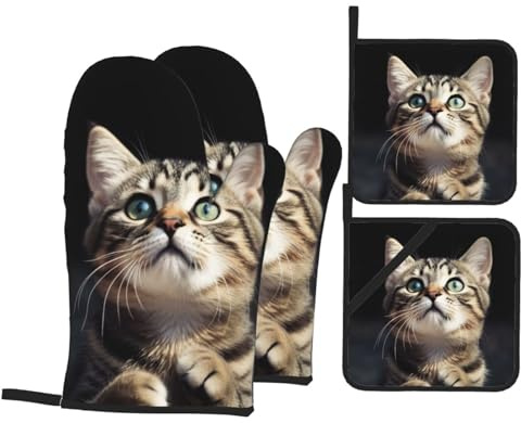 Ofenhandschuhe und Topflappen, hitzebeständig, für Küche, Topfhandschuh, Katze, rutschfest, Ofenhandschuhe und Topflappen zum Kochen, Grillen, Backen, Grillen, 4 Stück