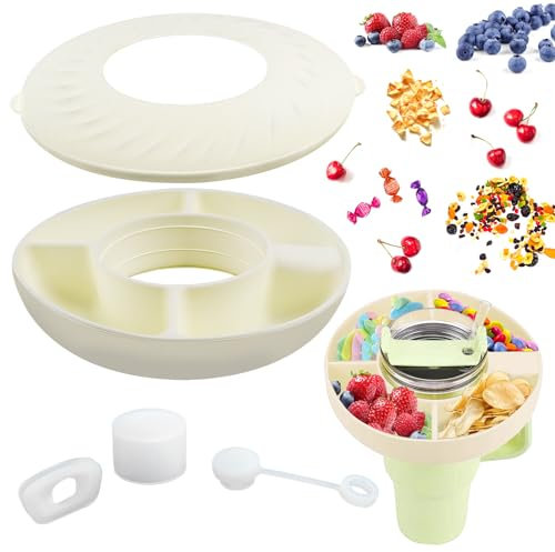 CHRI Stanley Cup - Cuenco para aperitivos con tapa y pajita (4 compartimentos, color beis