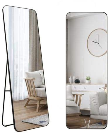 MIQU Standspiegel Ganzkörperspiegel 160 x 40 cm mit Ständer Rechteck Runden Ecken, Schwarz Metall Rahmen Wandspiegel Lang Dekorative Groß Spiegel Wand Hänger für Flur, Wohnzimmer, Schlafzimmer