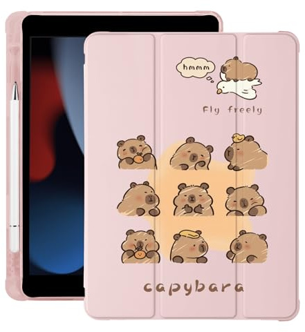 Bonita funda Kawaii Capybara para iPad Air de 11 pulgadas M2 2024 (6ª generación) con soporte para lápices, apagado y encendido automático, cubierta trasera de TPU suave de cuero rosa