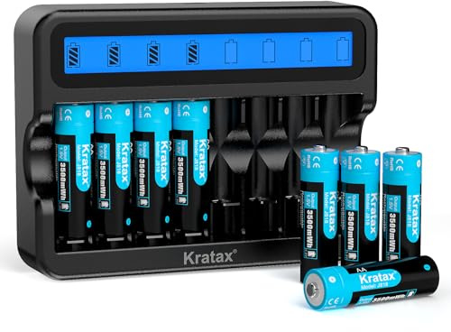 Kratax Rechargeable Lithium AA Battery, 8 Pack Li-Ion AA Battery with 8 Slot Smart Charger, 3500 mWh High Capacity, Durable Rechargeable 1.5 V Lithium AA Battery