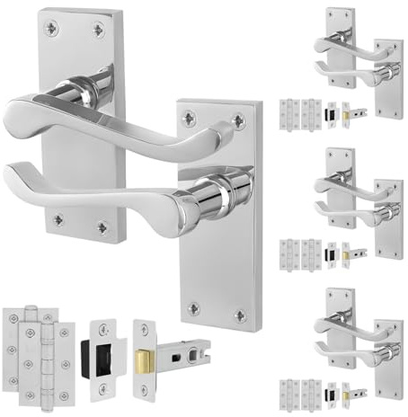 EAI Polished Chrome Door Handles with Latch 64mm and Hinges, 4 Pack | Complete Latch Kit with 4 Pairs of Victorian Scroll Lever on Backplate Door Handles, 64mm Latches, Hinges, Fixings Included
