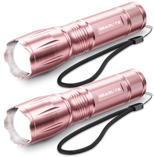 GEARLITE Linterna LED Potente 2 Piezas, 3000 Lumen Linternas LED Alta Potencia con 5 Modos, IP65 Impermeable Linterna Tactica, para Camping, Senderismo, Outdoor, Emergencia (Rosa, 2)