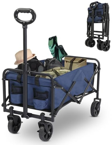 LEADZM Chariot à roulettes Tout Terrain, Poignée Réglable,Chariot de Plage Pliable pour Extérieur Camping Festival,Courses,Jardin avec Jusqu’à 100KG - Bleu