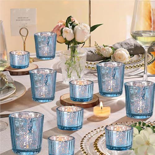 10 Stück Sortiert Blau Gerippt Votivkerze Halter Quecksilber Glas Kerze Halter Teelichter Kerze Halter für Hochzeit Dekoration Braut Dusche Party (10, Blau)