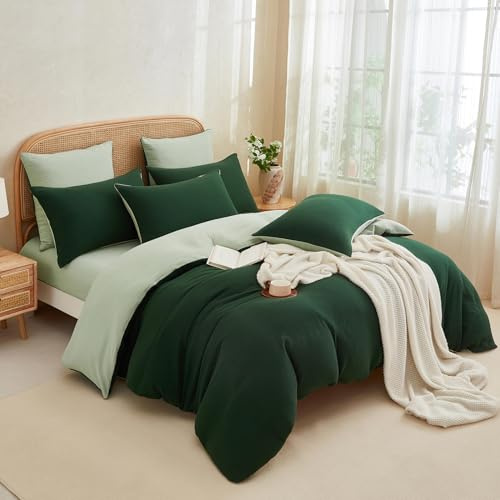 YASMENG Doppelte Muslin Bettwäsche 135x200 Dunkelgrün Grün 100% Baumwolle Bettwäsche Muslin Weich Atmungsaktiv Kuschelige Bettbezug Set 2teilig mit Reißverschluss und 80x80 Kissenbezug
