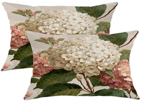 Juego de 2 fundas de cojín florales con hortensias y botánicas de hortensias, decoración cuadrada de verano para el hogar, sofá, cama, sofá, 20 x 12 pulgadas